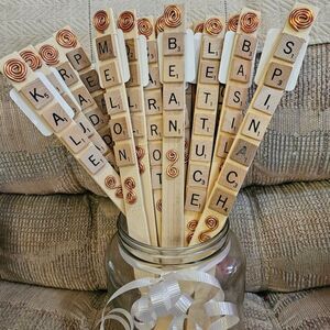 Wooden Garden Markers with Scrabble Tiles And Copper Accents,  Set Of 10